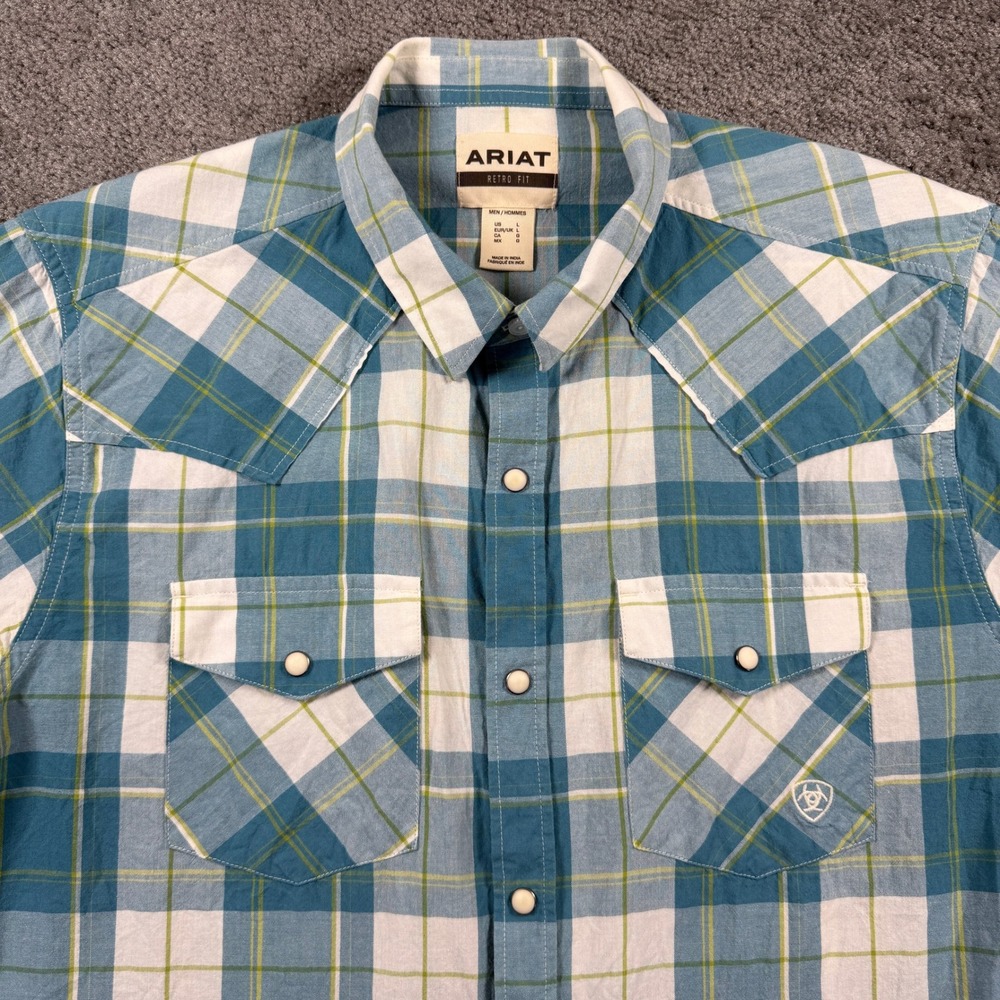 Ariat Harry Retro Fit Western Snap Shirt Mens Large Turquoise Blue Plaid SS